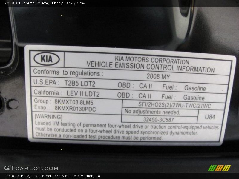 Info Tag of 2008 Sorento EX 4x4