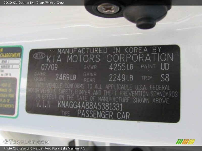 Clear White / Gray 2010 Kia Optima LX