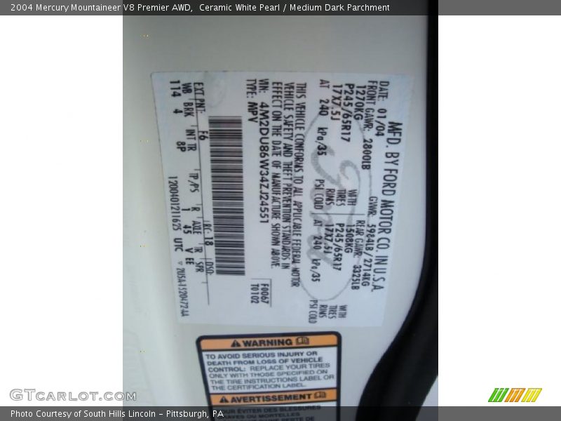 2004 Mountaineer V8 Premier AWD Ceramic White Pearl Color Code F6