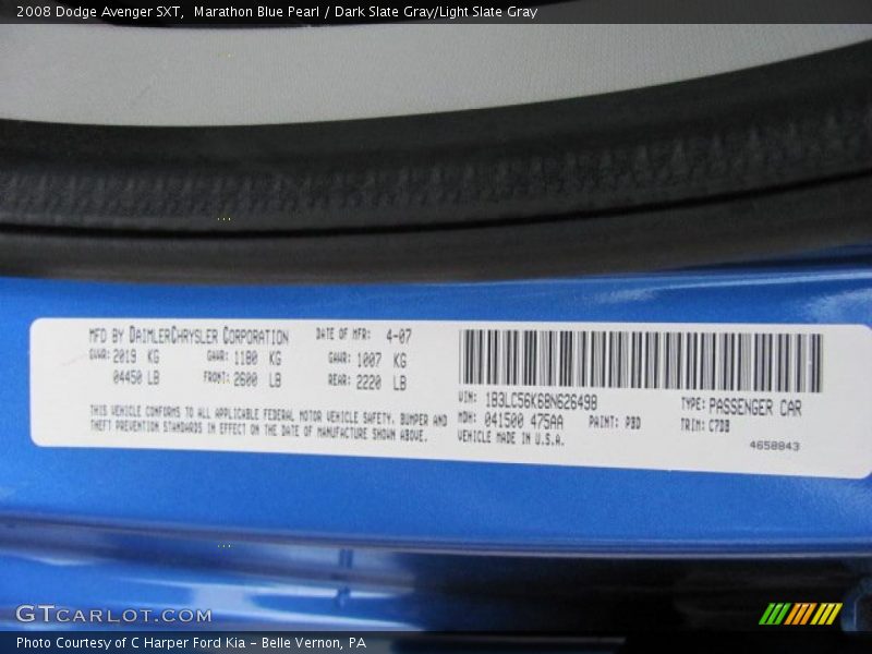 2008 Avenger SXT Marathon Blue Pearl Color Code PBD