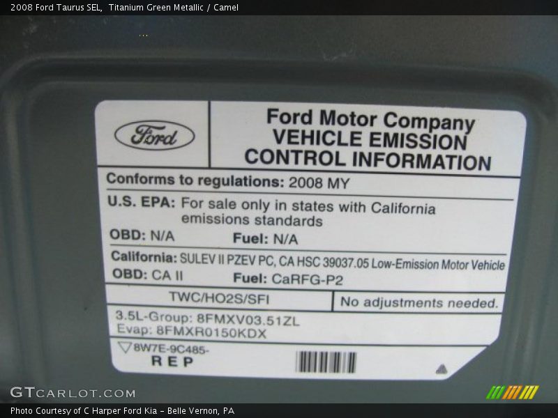 Info Tag of 2008 Taurus SEL