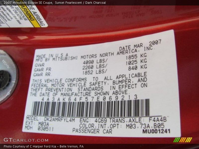 2007 Eclipse SE Coupe Sunset Pearlescent Color Code M03