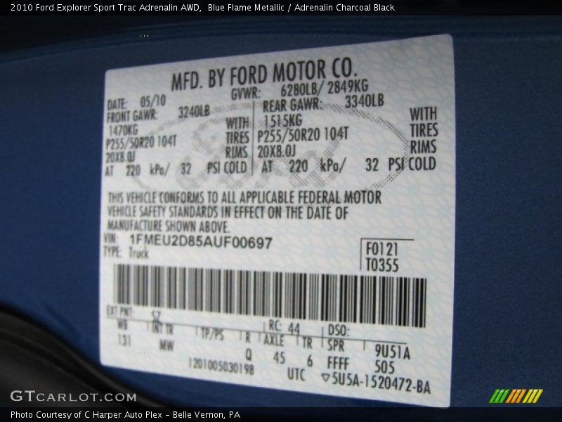 2010 Explorer Sport Trac Adrenalin AWD Blue Flame Metallic Color Code SZ