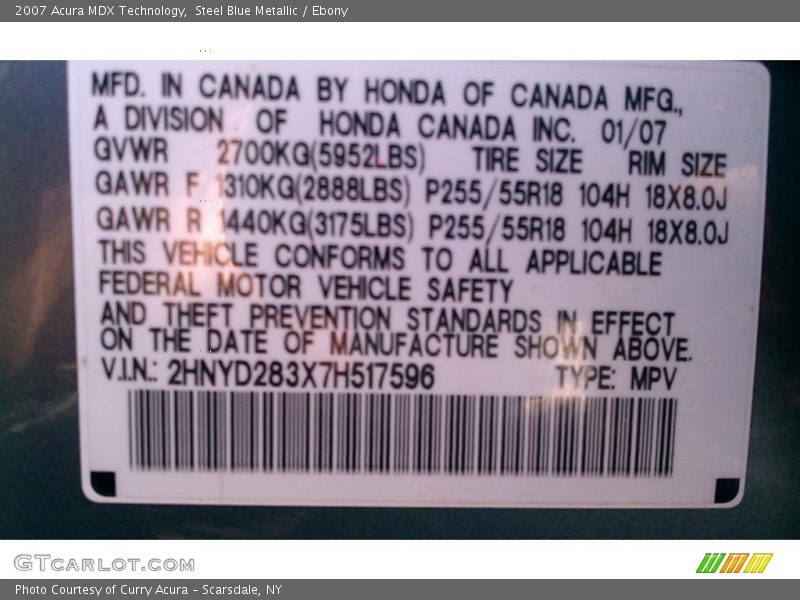 Steel Blue Metallic / Ebony 2007 Acura MDX Technology