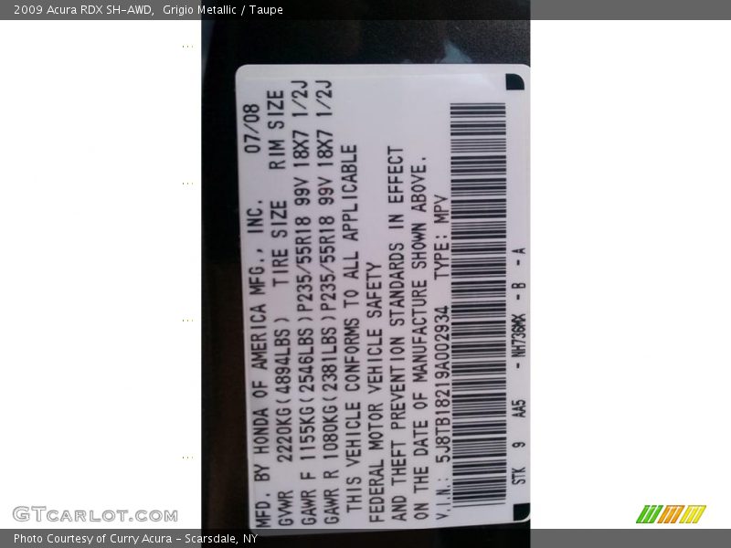 2009 RDX SH-AWD Grigio Metallic Color Code NH736MX