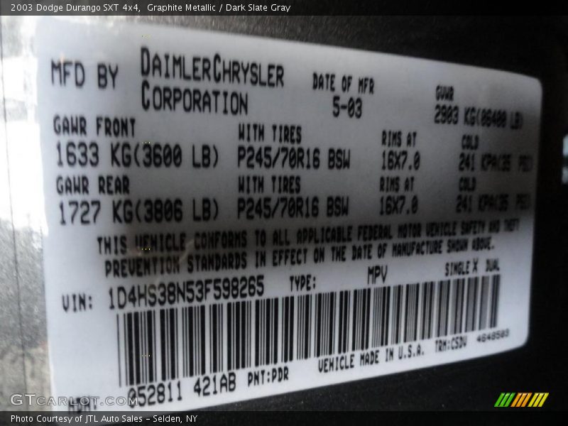2003 Durango SXT 4x4 Graphite Metallic Color Code PDR