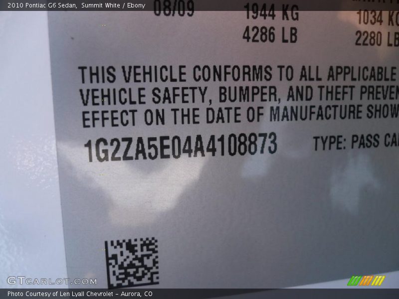 Summit White / Ebony 2010 Pontiac G6 Sedan