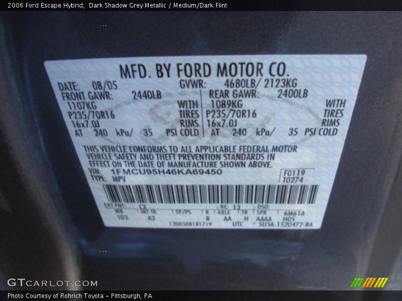 2006 Escape Hybrid Dark Shadow Grey Metallic Color Code CX