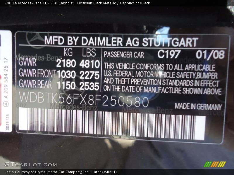 2008 CLK 350 Cabriolet Obsidian Black Metallic Color Code 197