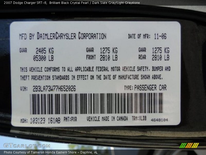 2007 Charger SRT-8 Brilliant Black Crystal Pearl Color Code PXR