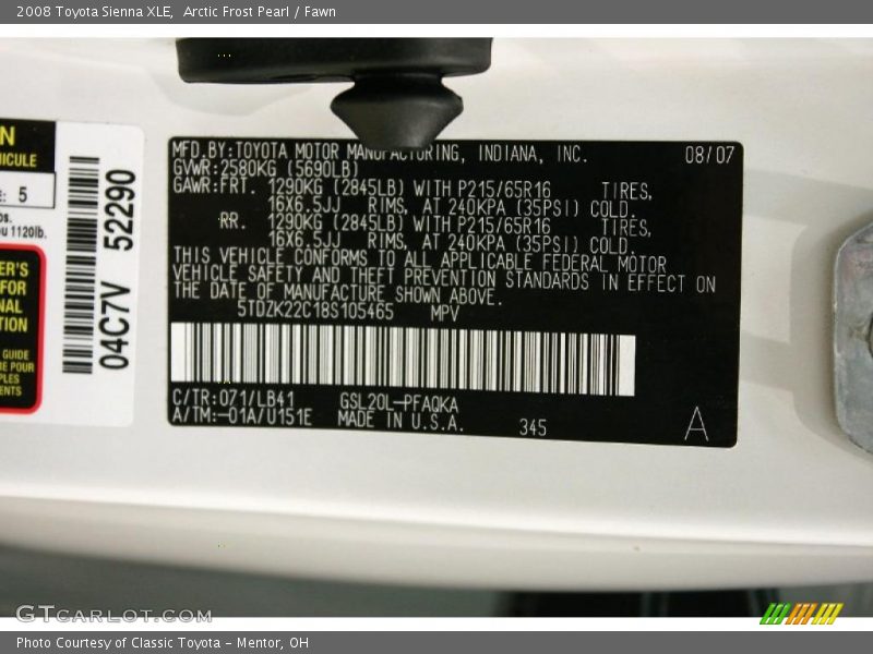 Arctic Frost Pearl / Fawn 2008 Toyota Sienna XLE