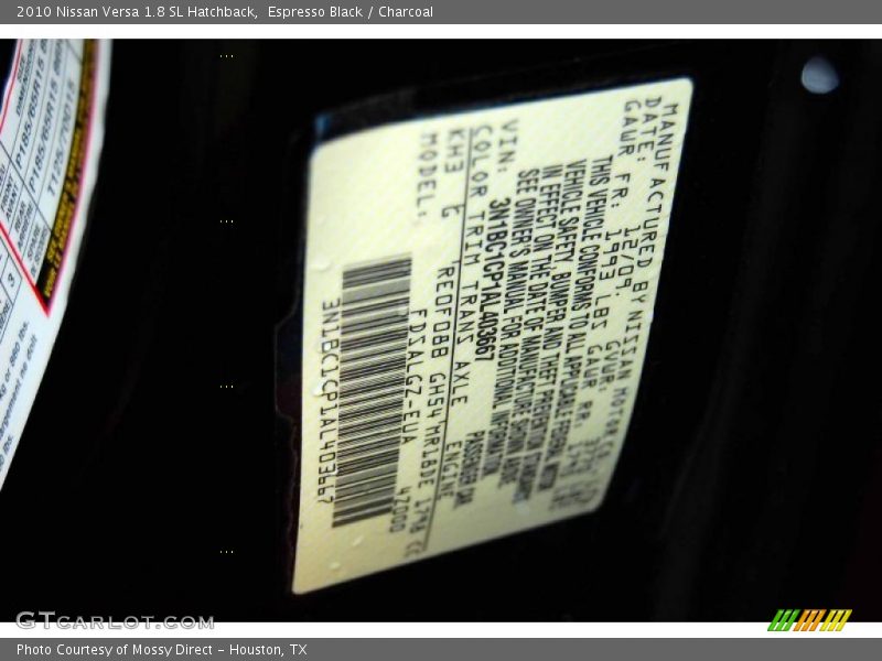 Espresso Black / Charcoal 2010 Nissan Versa 1.8 SL Hatchback