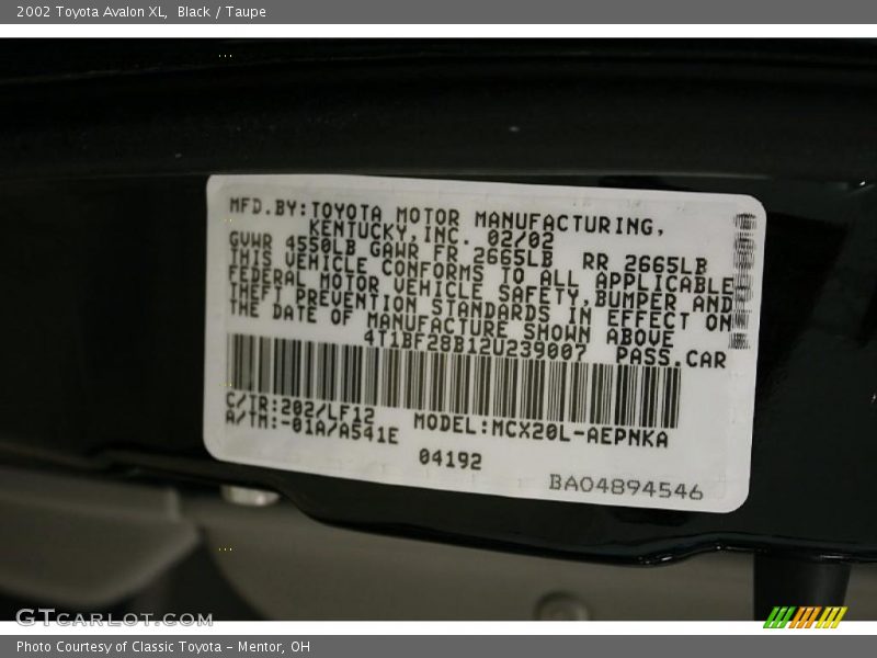 Black / Taupe 2002 Toyota Avalon XL