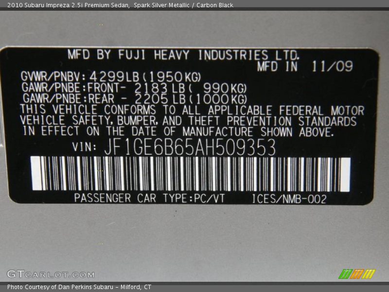 Info Tag of 2010 Impreza 2.5i Premium Sedan