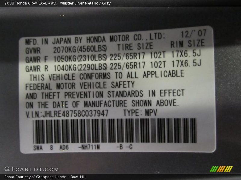 Whistler Silver Metallic / Gray 2008 Honda CR-V EX-L 4WD