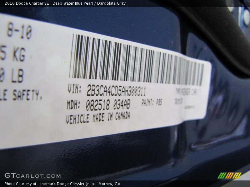 Deep Water Blue Pearl / Dark Slate Gray 2010 Dodge Charger SE
