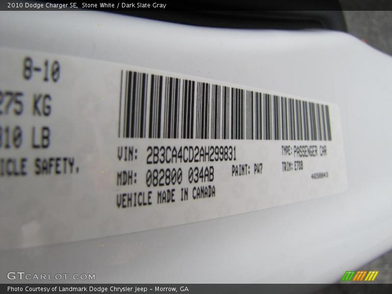 Stone White / Dark Slate Gray 2010 Dodge Charger SE