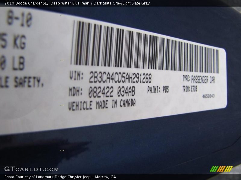 Deep Water Blue Pearl / Dark Slate Gray/Light Slate Gray 2010 Dodge Charger SE