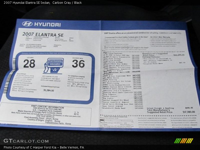  2007 Elantra SE Sedan Window Sticker