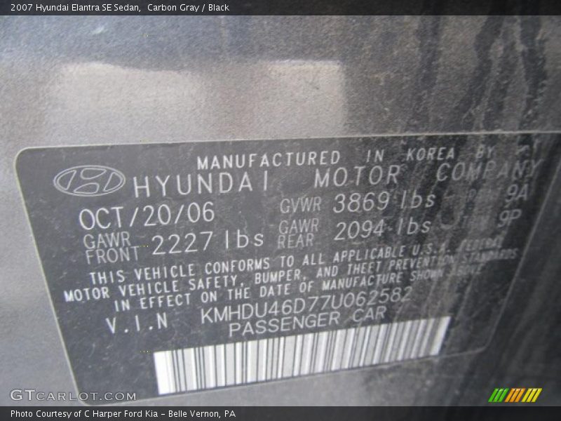 2007 Elantra SE Sedan Carbon Gray Color Code 9A