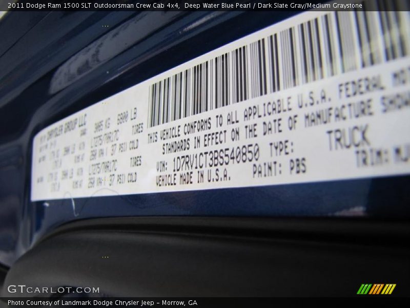 Deep Water Blue Pearl / Dark Slate Gray/Medium Graystone 2011 Dodge Ram 1500 SLT Outdoorsman Crew Cab 4x4