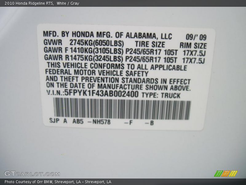 2010 Ridgeline RTS White Color Code NH578