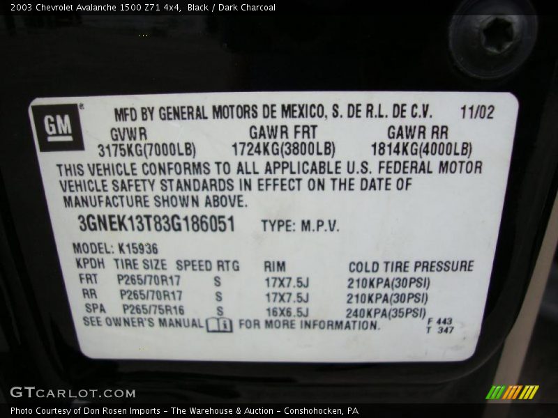 Black / Dark Charcoal 2003 Chevrolet Avalanche 1500 Z71 4x4