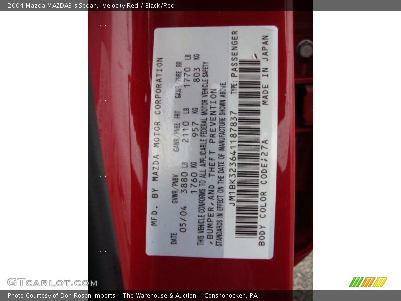 Velocity Red / Black/Red 2004 Mazda MAZDA3 s Sedan