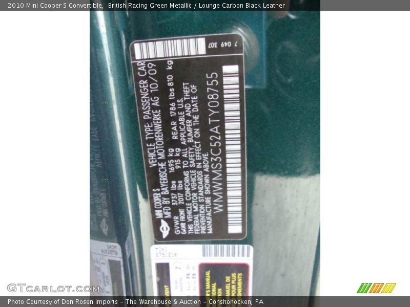 British Racing Green Metallic / Lounge Carbon Black Leather 2010 Mini Cooper S Convertible