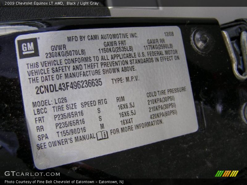 Info Tag of 2009 Equinox LT AWD