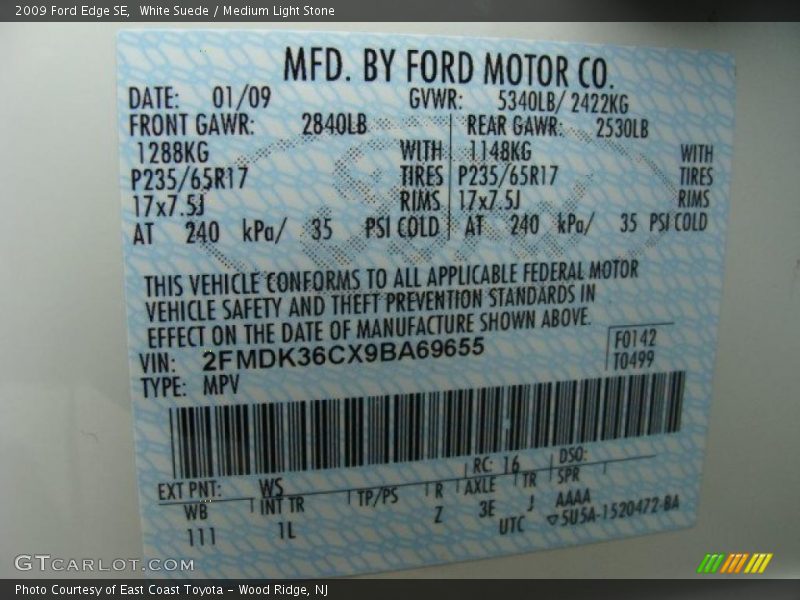 2009 Edge SE White Suede Color Code WS