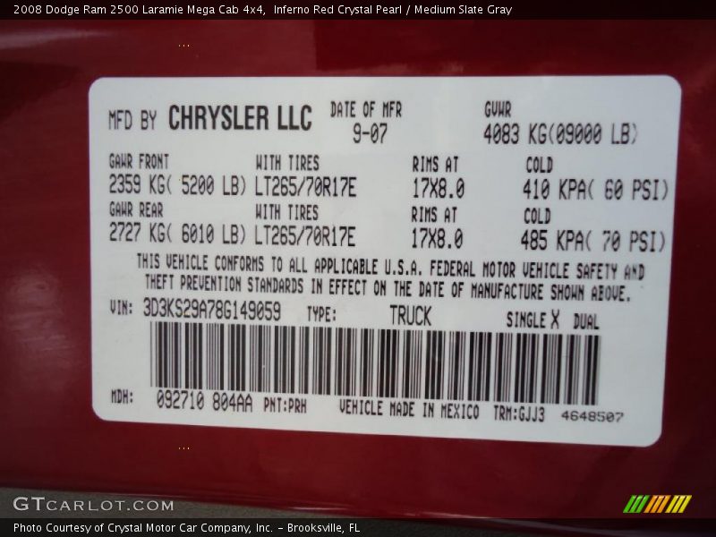 Info Tag of 2008 Ram 2500 Laramie Mega Cab 4x4