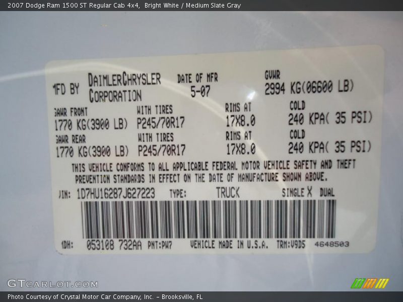 Info Tag of 2007 Ram 1500 ST Regular Cab 4x4