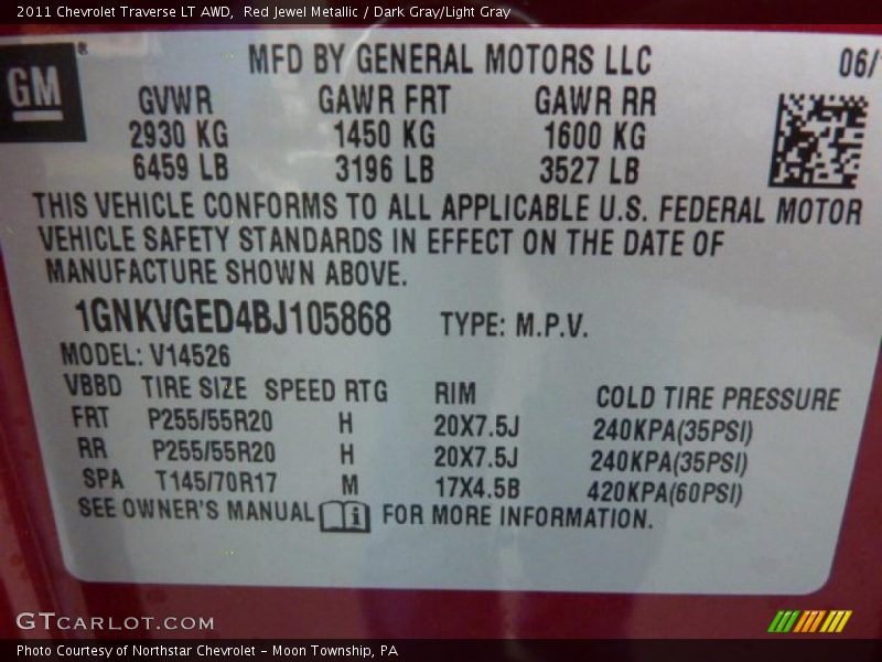 Red Jewel Metallic / Dark Gray/Light Gray 2011 Chevrolet Traverse LT AWD