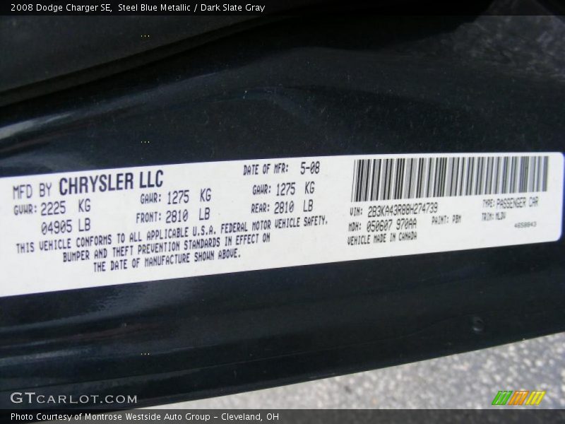 Steel Blue Metallic / Dark Slate Gray 2008 Dodge Charger SE
