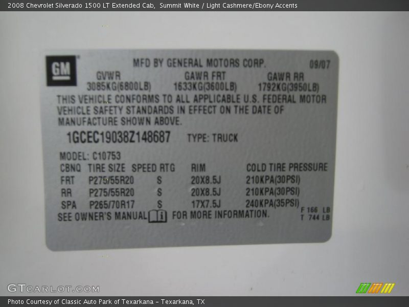 Info Tag of 2008 Silverado 1500 LT Extended Cab