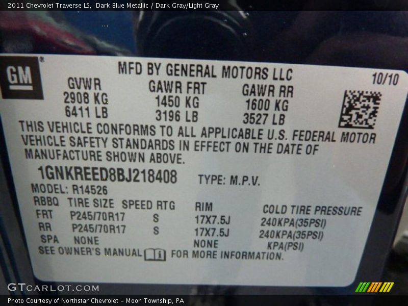 Dark Blue Metallic / Dark Gray/Light Gray 2011 Chevrolet Traverse LS