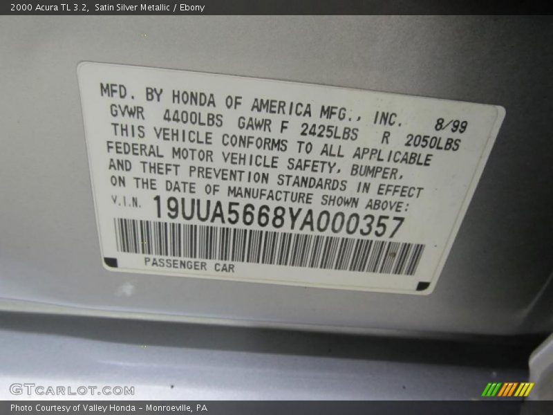 Satin Silver Metallic / Ebony 2000 Acura TL 3.2