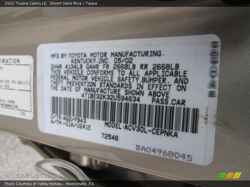 Desert Sand Mica / Taupe 2002 Toyota Camry LE