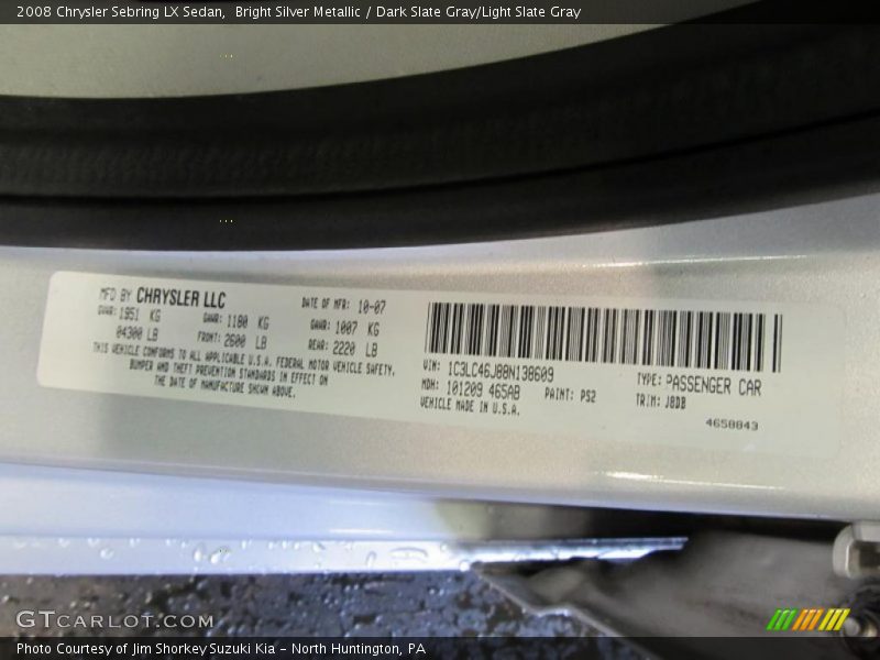 Bright Silver Metallic / Dark Slate Gray/Light Slate Gray 2008 Chrysler Sebring LX Sedan