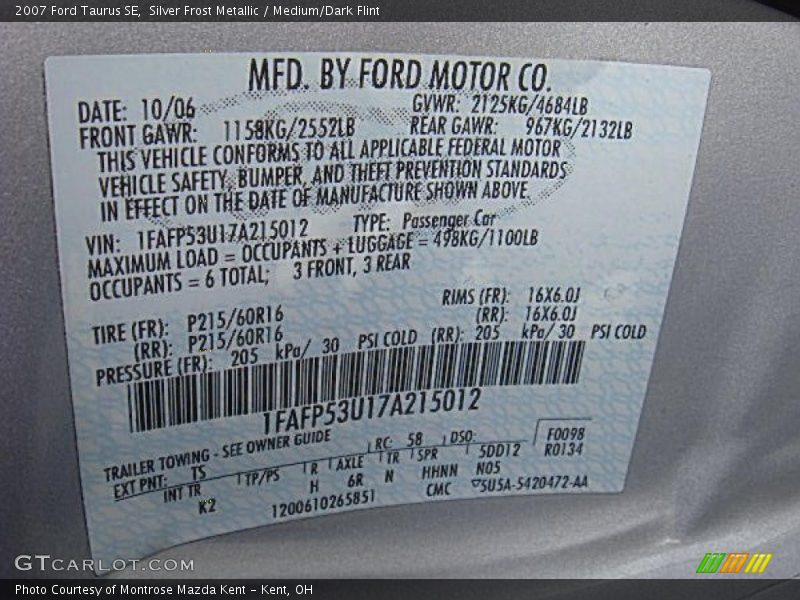 Silver Frost Metallic / Medium/Dark Flint 2007 Ford Taurus SE