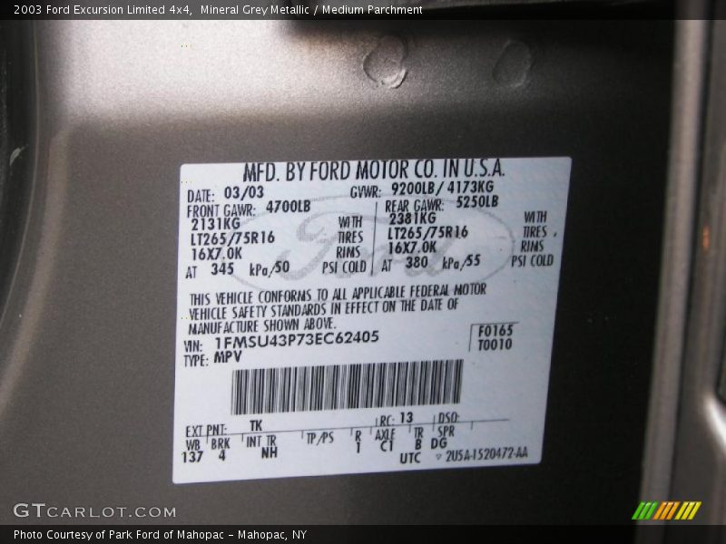 2003 Excursion Limited 4x4 Mineral Grey Metallic Color Code TK