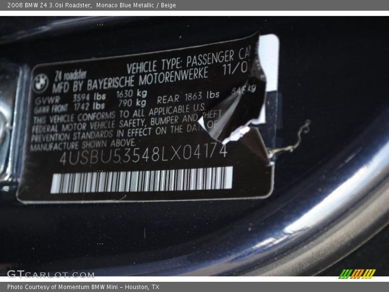 Monaco Blue Metallic / Beige 2008 BMW Z4 3.0si Roadster