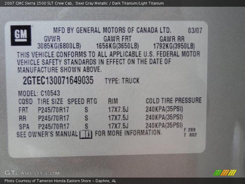 Info Tag of 2007 Sierra 1500 SLT Crew Cab