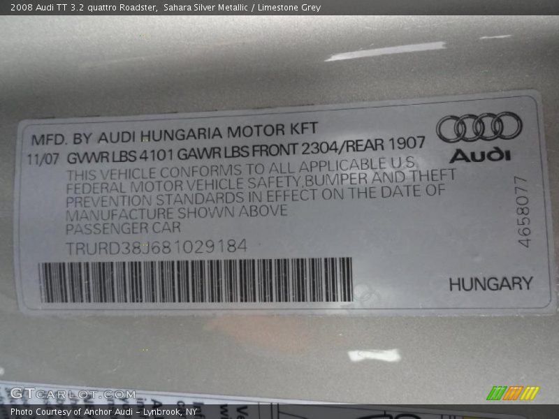 Info Tag of 2008 TT 3.2 quattro Roadster