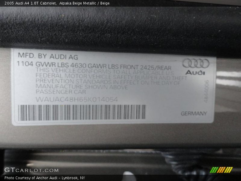 Info Tag of 2005 A4 1.8T Cabriolet