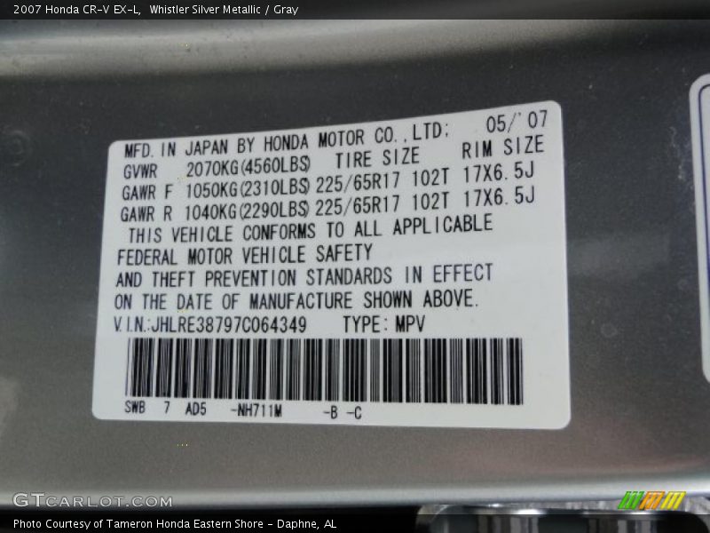 Whistler Silver Metallic / Gray 2007 Honda CR-V EX-L