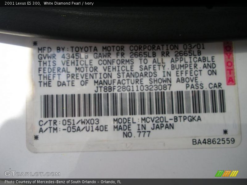 White Diamond Pearl / Ivory 2001 Lexus ES 300