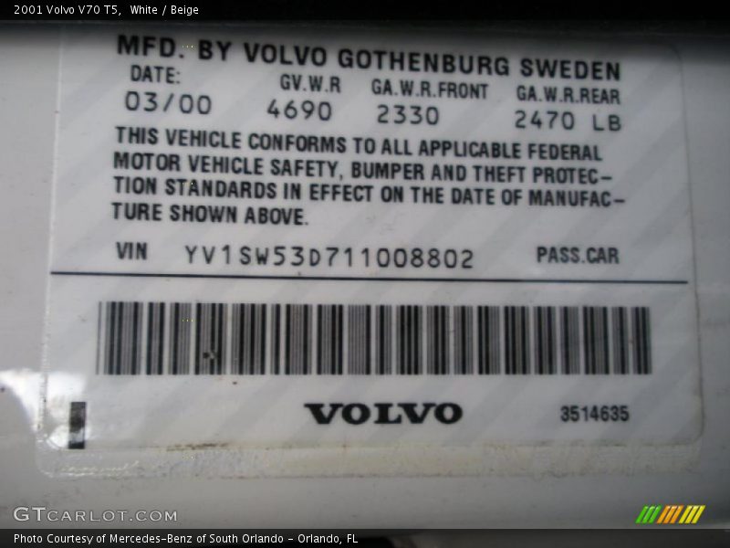 Info Tag of 2001 V70 T5