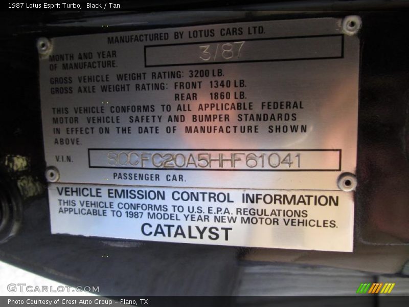 Info Tag of 1987 Esprit Turbo